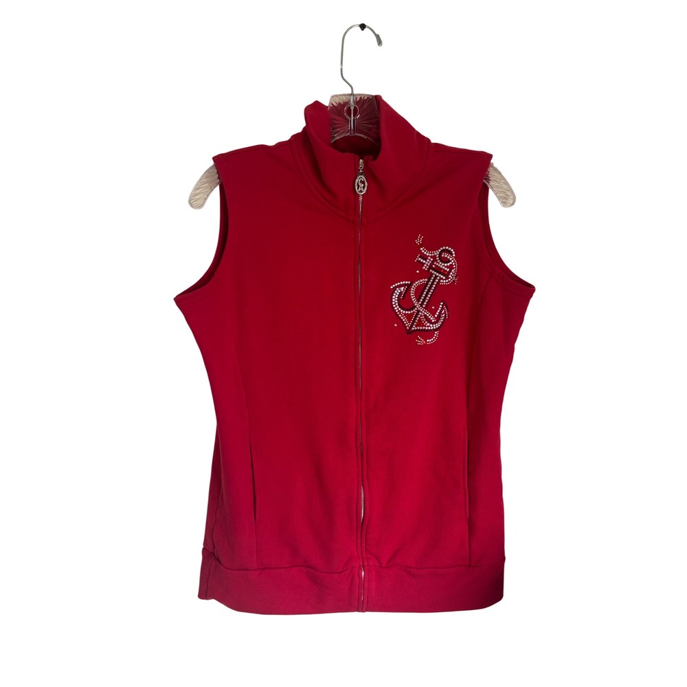 Christine Alexander Swarovski Crystal Vest Sz M Red Rhinestone Anchor Full Zip